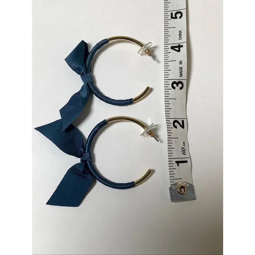 J. Crew Gold Tone Navy Satin Ribbon Wrapped Bow Hoop Earrings Statement E20-16
